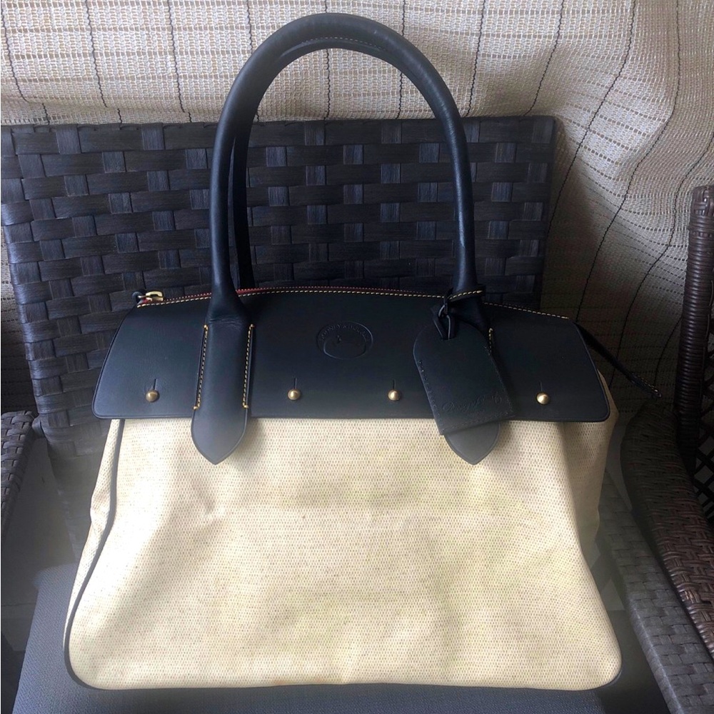 Dooney and Bourke Large Panama Wilson Satchel Tan Canvas Black Leather Vintage